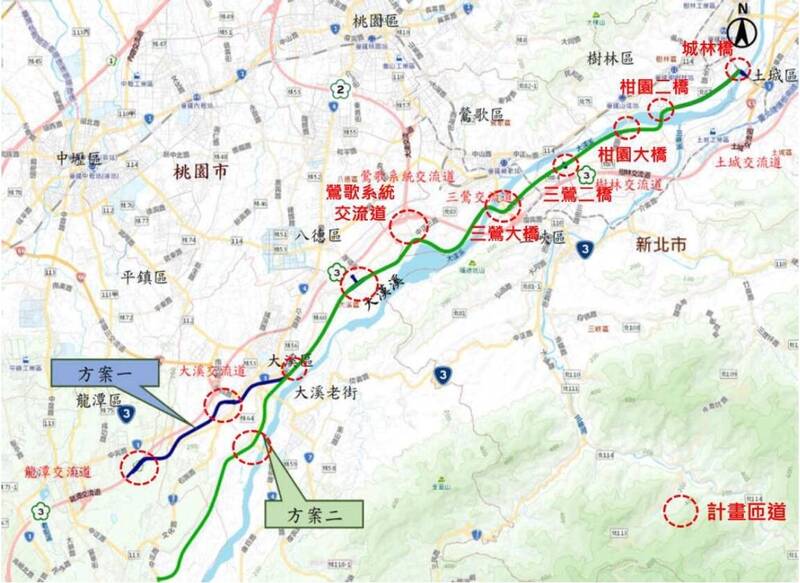 大漢溪沿岸板橋至龍潭快速公路構想示意圖。（圖由新北市政府交通局提供）