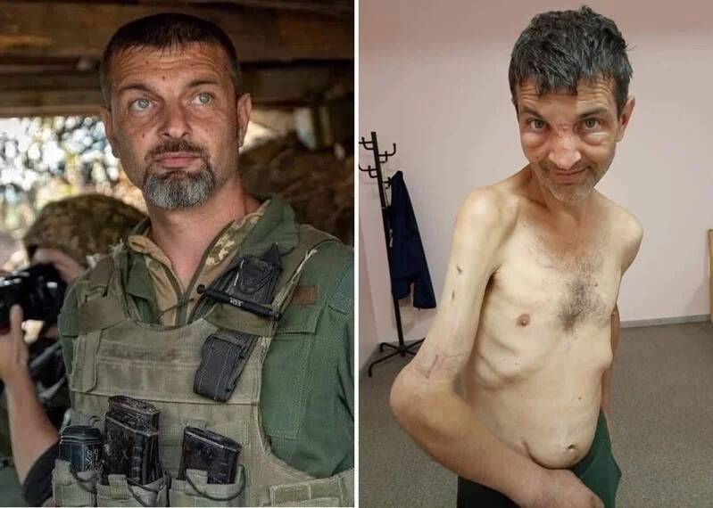 乌克兰士兵迪安诺夫（Mykhailo Dianov）被俄军俘虏数月，营养不良下瘦到判若两人。（图翻摄自乌克兰国防部推特）(photo:LTN)