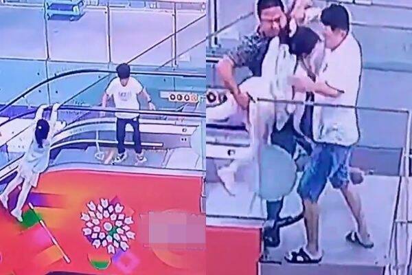 女童挂在扶梯外求救，丁男与弟弟上前救人，却遭到网友谴责「手的位置不对」。。（图翻摄微博）(photo:LTN)