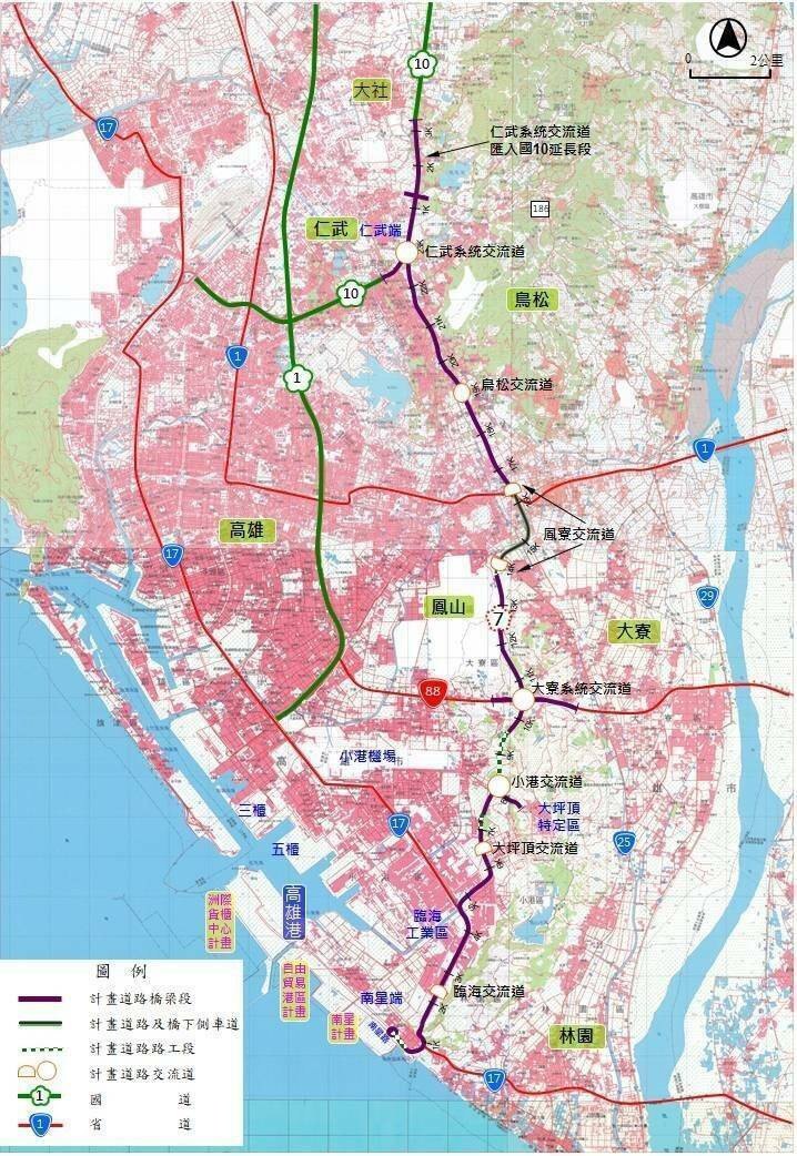 國道7號高雄路段計畫路線，將從小港南星行起，沿線經臨海工業區、大坪頂特定區、大寮、鳳山、鳥松，最後在仁武接上國道10號 。（取自環評書件）