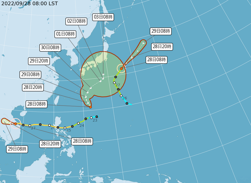 目前西太平洋有3個熱帶系統在活動，中間的熱帶低氣壓「TD21」持續發展，最快明增強為今年第18號颱風「洛克」。（圖擷自中央氣象局）