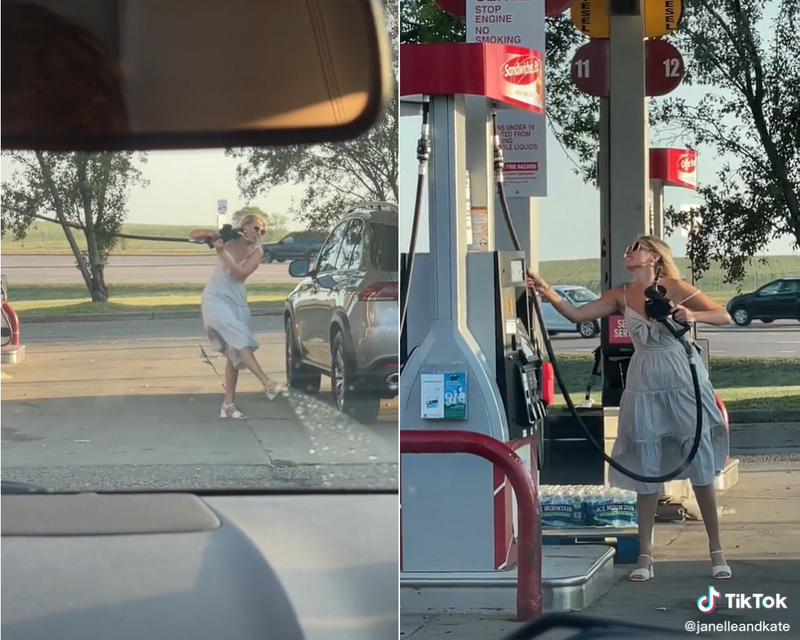 拍攝者不救？目擊女駕駛加油站「鬼打牆」 爆笑畫面笑翻千萬網友