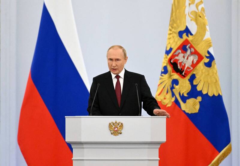 俄罗斯总统普廷在克里姆林宫发表演说，他要求乌克兰政府停火并与俄罗斯谈判。（路透）(photo:LTN)