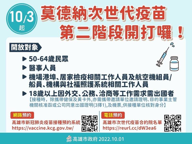 莫德納次世代雙價疫苗明起將開放第二階段對象追加劑接種。（市府提供）