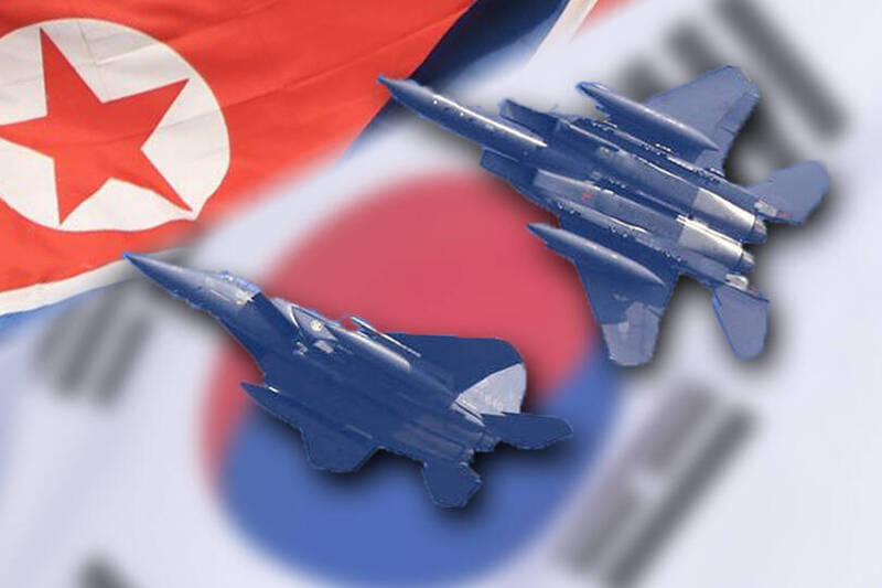 南韩军方宣布，南韩两架F-15K战机于黄海投射2枚JDAM炸弹，以回应北韩发射飞弹的挑衅行为。图为南韩的F-15K战机。（欧新社、法新社；本报合成）(photo:LTN)
