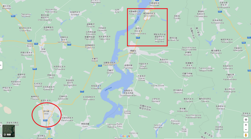 哈尔科夫州方面，乌军9月上旬光复伊久姆（左方红圈）后，本日再夺回奥斯基尔河对岸3座村庄（右方红框）。（撷取自Google Map）(photo:LTN)