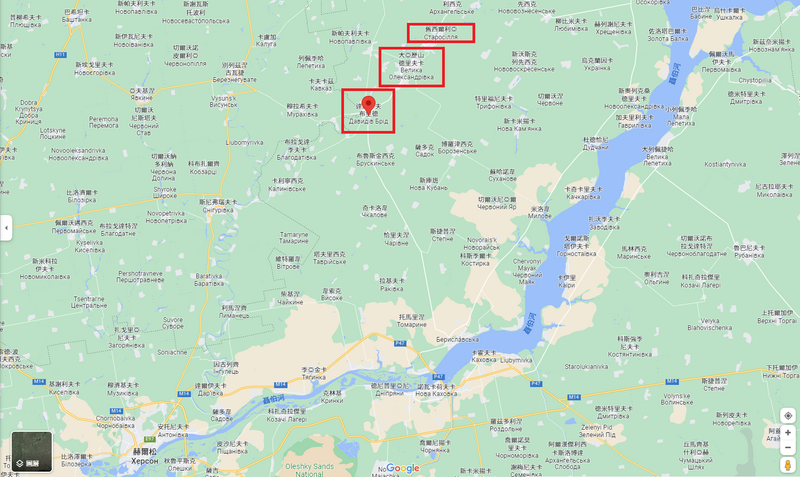 在赫尔松州，乌军成功夺回旧西尔利亚、大亚历山德里夫卡以及达维季夫布里德（图中红框处）。（撷取自Google Map）(photo:LTN)