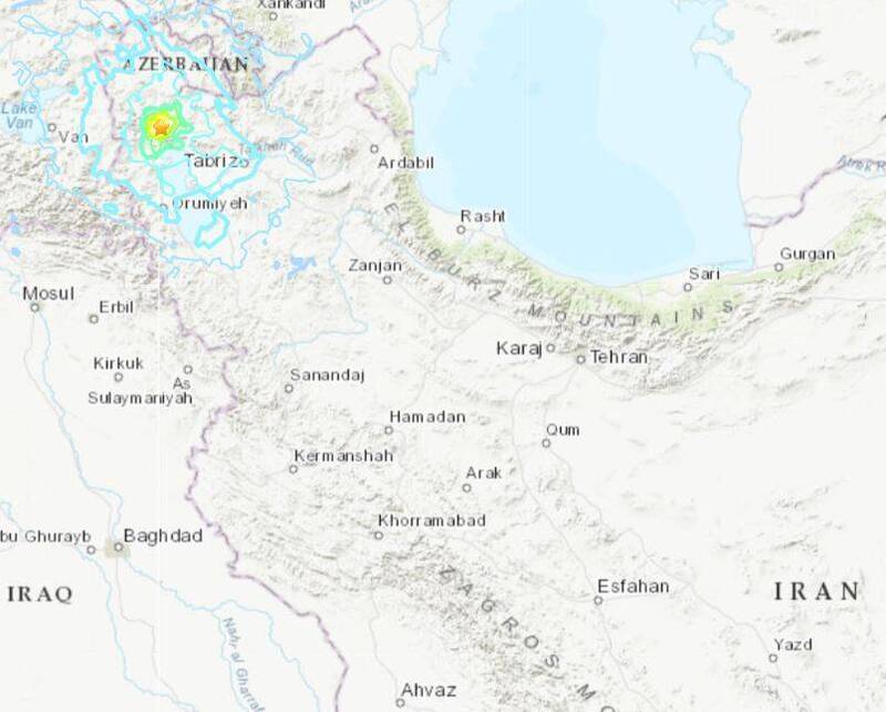 伊朗西北部發生一起規模5.7的地震，據美國地質調查所（US Geological Survey）指出，地震深度僅10公里。（圖擷自USGS）