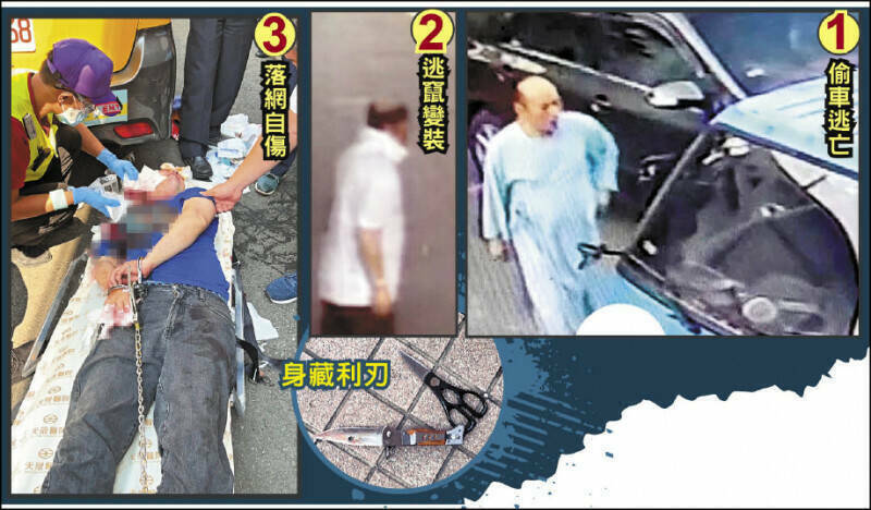 陳姓受刑人自醫院穿病人袍偷殯儀館車逃離，陳逃亡期間不斷變裝，在桃園市中壢區中山東路一段落網，因持刀自傷被戒護送醫。（記者許國楨翻攝、記者李容萍翻攝、民眾提供）