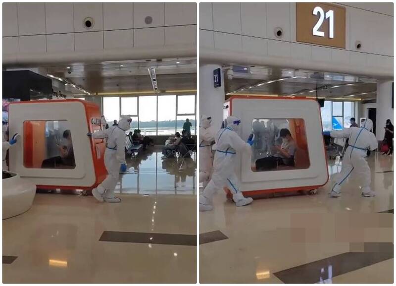 中国海南省海口美兰国际机场出现「隔离车」。（图撷取自推特）(photo:LTN)