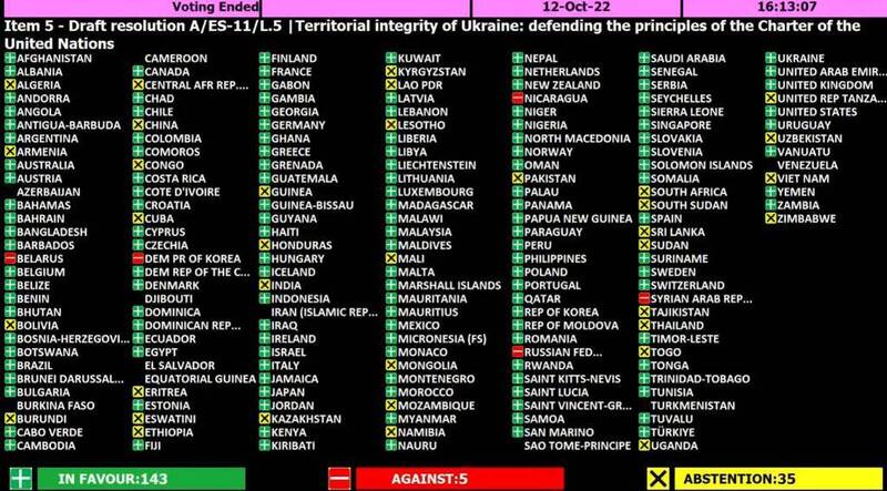 有143國投下同意票，另有5國反對、35國棄權。（圖擷取自烏克蘭總統澤倫斯基推特）