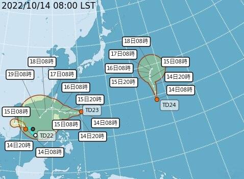 週末恐有三颱共舞，氣象局表示，TD23明日有機會形成颱風並同步發布海警。（圖：取自氣象局網站）