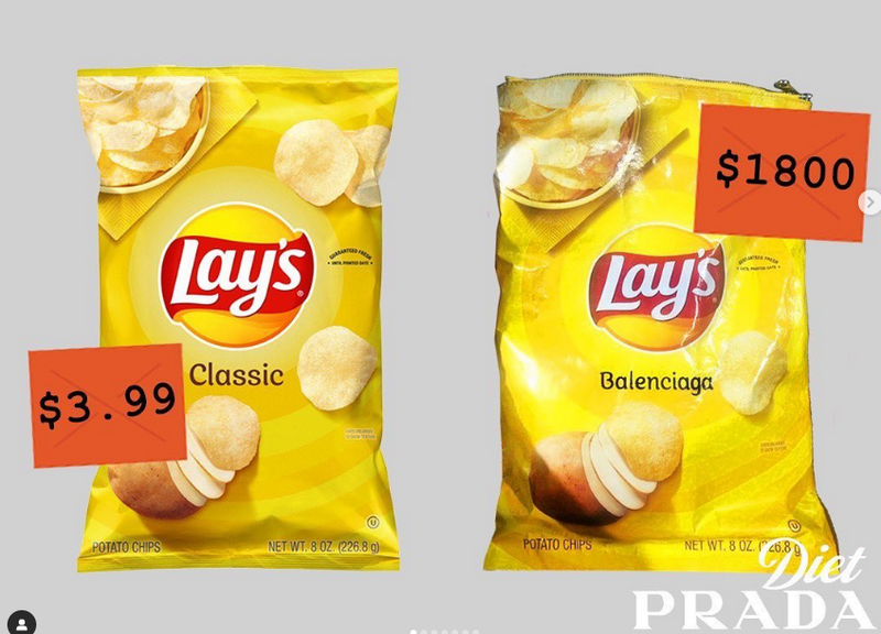 市售乐事洋芋片与巴黎世家联名手拿包的价格两相比较，引起网友热烈讨论。（图撷取自「diet_prada」IG）(photo:LTN)
