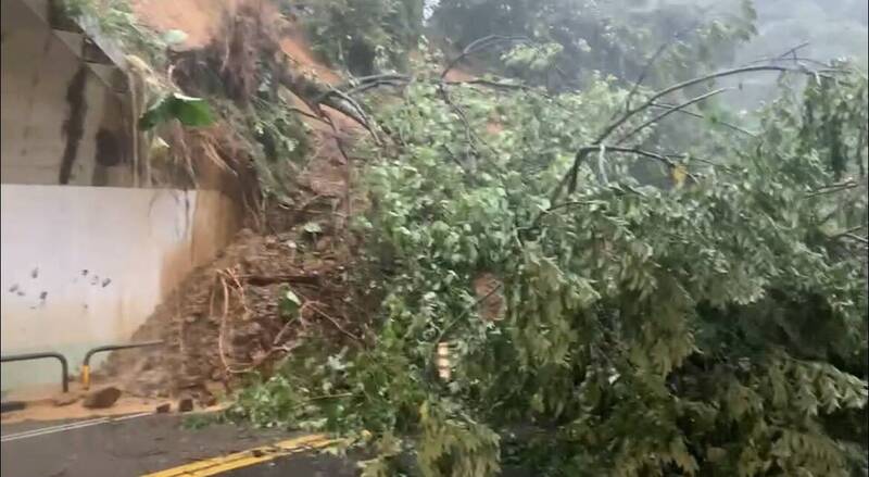 台北市內湖區康樂隧道口因隧道旁邊坡土石及路樹崩塌滑落，致使隧道無法雙向通行。（台北市政府提供）