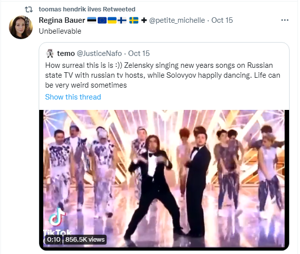 爱沙尼亚前总统易维斯在推特上转推泽伦斯基与加尔金2013年获邀到俄官媒演唱新年歌曲的影片。（图翻摄自推特）(photo:LTN)