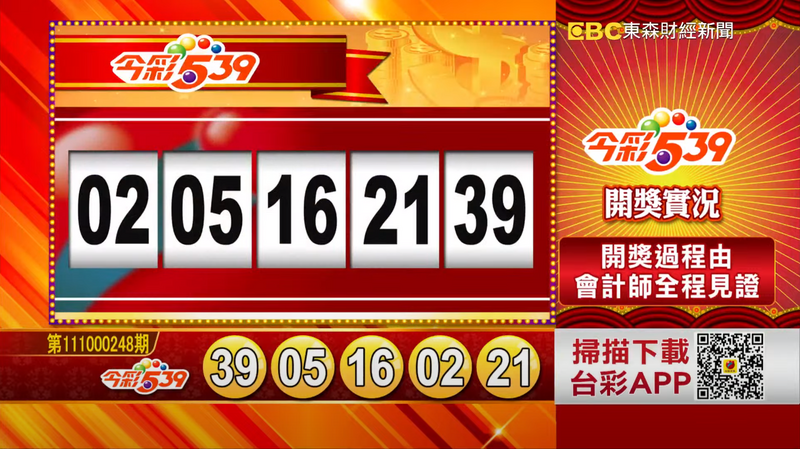 今彩539、39樂合彩開獎號碼。（取自「東森財經新聞57彩券王」）

