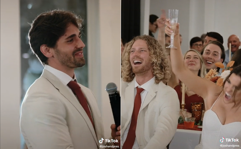 国外有名职业婚礼摄影师分享一段影片，为某场婚礼的1名伴郎在致词时，爆料曾与新娘交往过的事蹟，非但没有引起新人不悦，反而让他们与全场宾客一起哄堂大笑。（图撷取自@ TikTok）(photo:LTN)