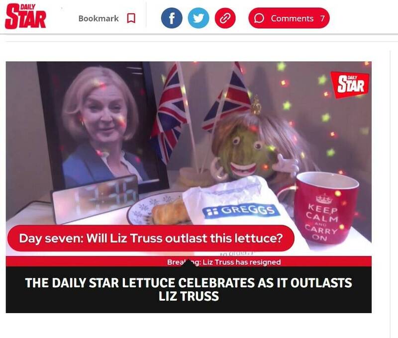 英国小报每日星报20日在首页头条庆祝他们的「莴苣和特拉斯首相谁撑得久」比赛，莴苣胜出。（取自每日星报网站）(photo:LTN)