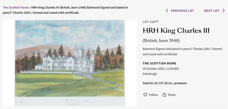 英国国王查尔斯三世所绘的水彩画复制品，20日在英国拍卖公司邦瀚斯（Bonhams）的「苏格兰之家」主题拍卖会上以5357.5英镑落槌。（取自Bonhams官网）(photo:LTN)