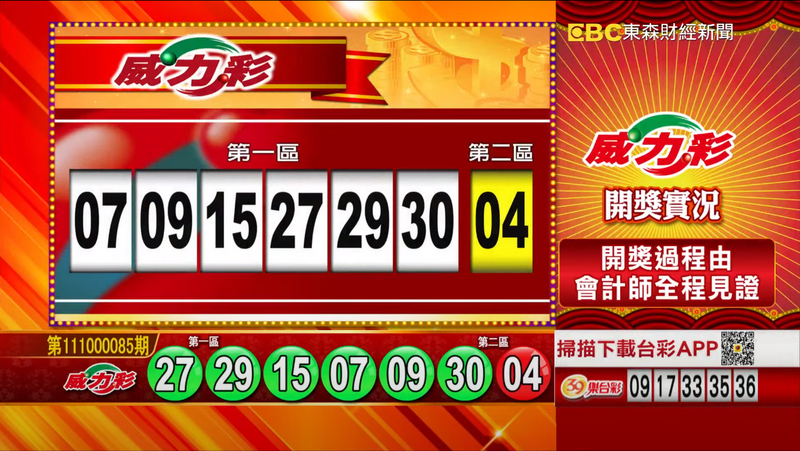威力彩、38樂合彩開獎號碼。（取自「東森財經新聞57彩券王」）
