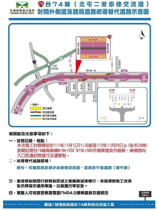 高公局將施工進行國道一號增設銜接台74線系統交流道工程，請民眾改道，致部分民眾誤以為大雅交流道將封閉禁止通行。（高公局提供）