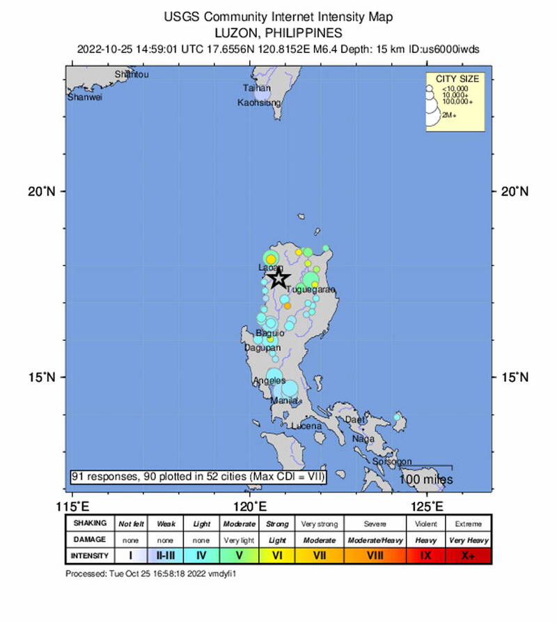 菲律賓北部昨晚發生芮氏規模6.4地震，深度僅15.2公里，連遠在330公里外的首都馬尼拉也可感受到搖晃。（歐新社）