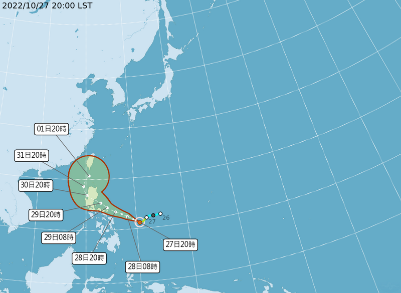 氣象局不排除最快週日發布奈格颱風海警，預估當晚開始，北部、東半部地區及恆春半島有陣雨，並有局部大雨發生機率。（擷取自中央氣象局網站）