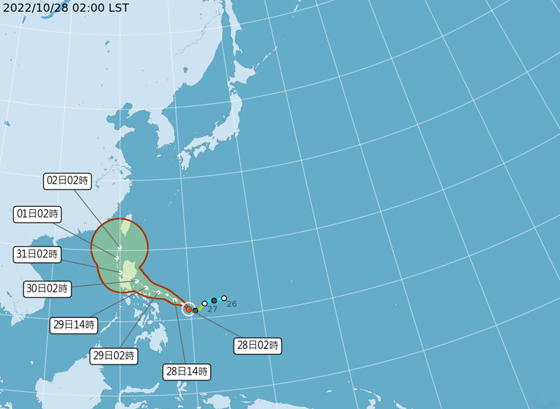 輕度颱風奈格28日2時的中心位置在北緯11.4度，東經129.7度，以每小時23公里速度，向西北進行。（翻攝氣象局）