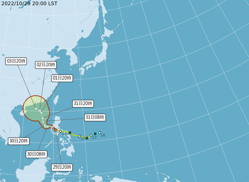 奈格颱風路徑已較明朗，明晚8點稍微往東修正一些，更靠近台灣一點，明晚開始雨勢就會越來越明顯。（擷取自中央氣象局網站）