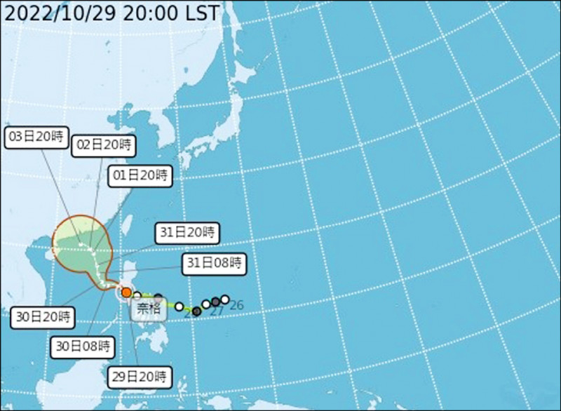 奈格颱風路徑已較明朗，氣象局指出，明晚開始雨勢就會越來越明顯。（取自氣象局網站）