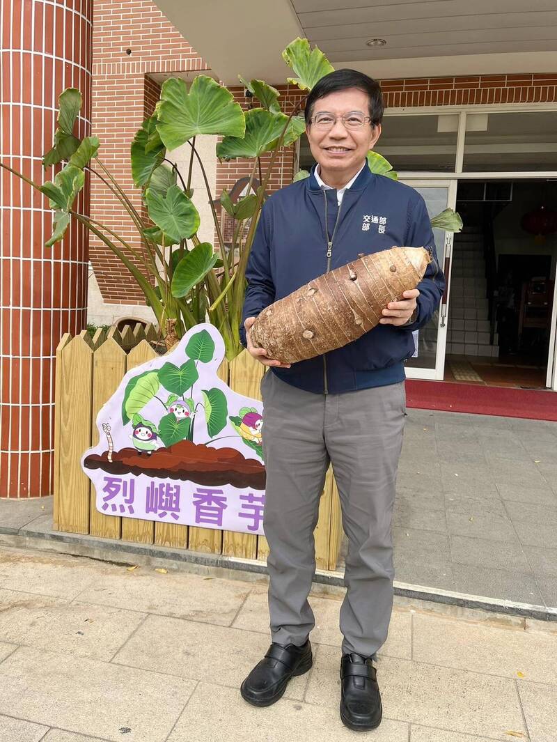 交通部長王國材今天（31日）在臉書分享一張抱著小金門的檳榔心芋照片，表示「真的名不虛傳，有了金門大橋，吃芋頭變得比較方便！」（取自王國材臉書）