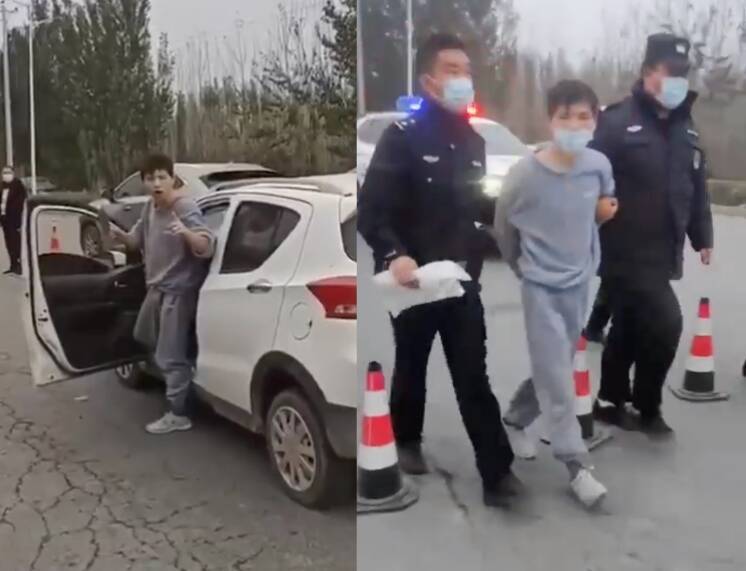 河北省白沟镇一名男子持刀硬闯封控路障，只为了帮孩子买奶粉，影片在网上疯传，事后该名男子被逮捕。（图翻摄自推特）(photo:LTN)