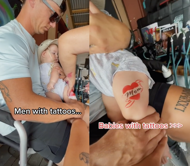 美国一对夫妻带嫩婴刺青引网路热议，最后拍影片澄清这只是喷绘纹身。（图取自「stetsyboiii」TikTok）(photo:LTN)