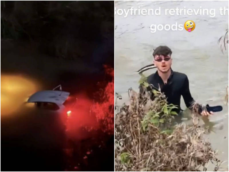 英国1名女子刚考到汽车驾照2个月，就开着新车载男友看烟火，没想到回程竟把车子开到河里。（图撷取自抖音）(photo:LTN)