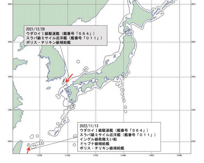 日本防衛省統合幕僚監部公布俄軍艦動態。（取自日本防衛省）