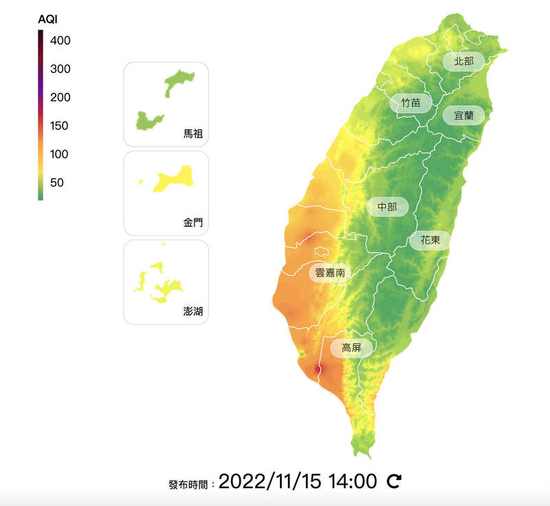 今（15）日受到環境偏東風影響，台灣西半部地區位於背風區，擴散條件差，容易累積空氣污染物。（取自環保署空氣品質監測網）