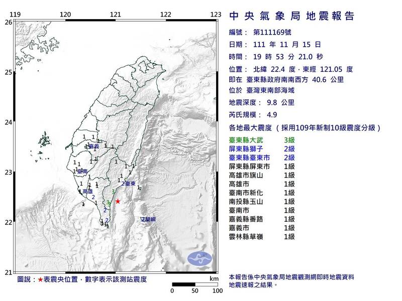 今晚間7點53分，在台灣東南部海域發生芮氏規模4.9地震，最大震度3級。（圖擷自中央氣象局）