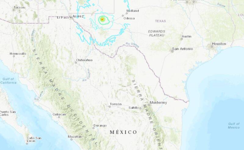 美国德州于台湾时间今晨5点半发生芮氏规模5.4地震，深度仅8.3公里，这也是当地有纪录以来第三强的地震。（图撷自USGS）(photo:LTN)
