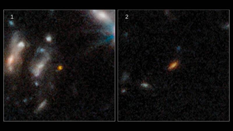 韦伯太空望远镜在「阿贝尔2744」星系团（Abell 2744）外围区发现的两个此前未曾被发现的古老星系。（法新社）(photo:LTN)