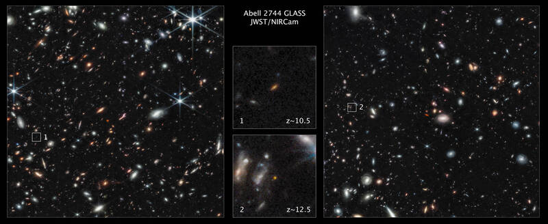 韦伯太空望远镜在「阿贝尔2744」星系团（Abell 2744）外围区发现的两个此前未曾被发现的古老星系，其中编号2的星系，据信在宇宙大爆炸后3亿5000万年形成。（美联社）(photo:LTN)