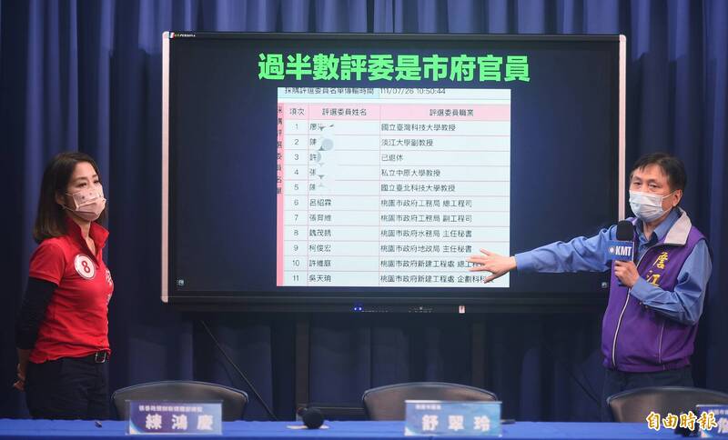 國民黨桃園市議員詹江村、舒翠玲今在國民黨中央黨部召開記者會，質疑中壢運動公園區段徵收滯洪池工程形同綁標、桃市府內評審人員比例過高等問題。（記者張嘉明攝）