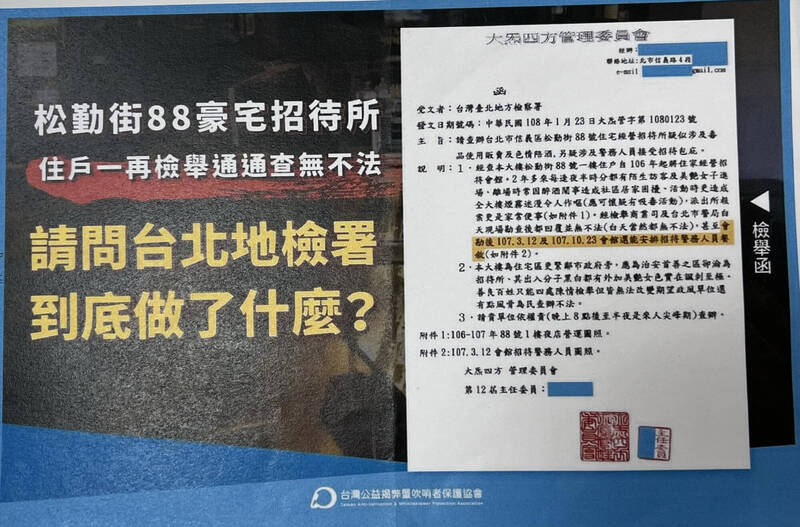 據了解，北檢雖曾接獲告發，但檢舉函只附帶出入會館人士的監視器畫面，函中所述「涉毒、色情」都僅止於「推測」，沒有「具體事證」。（記者錢利忠翻攝）