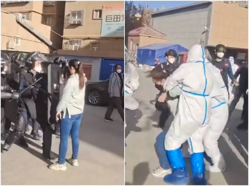 中国1名女子拿着手机朝武装警察以及防疫人员拍摄，随即遭人员制止，后来甚至遭众人群殴。（图撷取自推特）(photo:LTN)