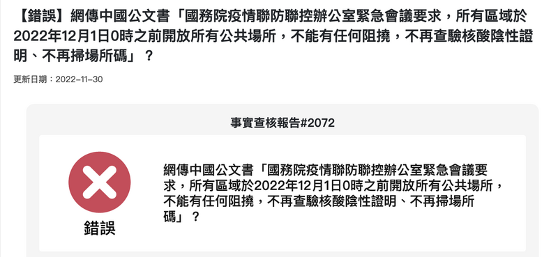 日前網路流傳一組圖卡，稱中國自今（2022）年12月1日起公共場所全面解封，不再查驗核酸證明，也無須掃場所碼。台灣事實查核中心調查後表示這是錯誤訊息。（圖取自「台灣事實查核中心」官網）