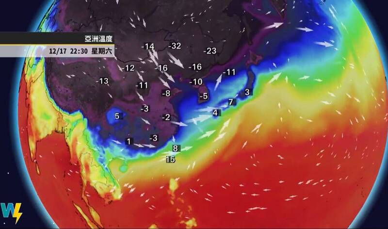 彭啟明分享天氣風險公司的氣溫模擬，週六晚間北部低溫恐下探8度。（圖擷自臉書「氣象達人彭啟明」）