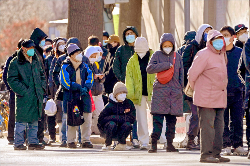 中国政府放宽防疫管制后，各医疗院所挤满要看诊的发烧病患，人龙长过封控期间等待验核酸的规模，北京民众甚至在低温摄氏零下六度排队超过六小时。（美联社）(photo:LTN)