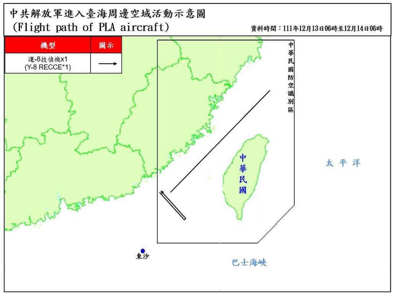 中共1架次軍機進入我西南空域。（國防部提供）