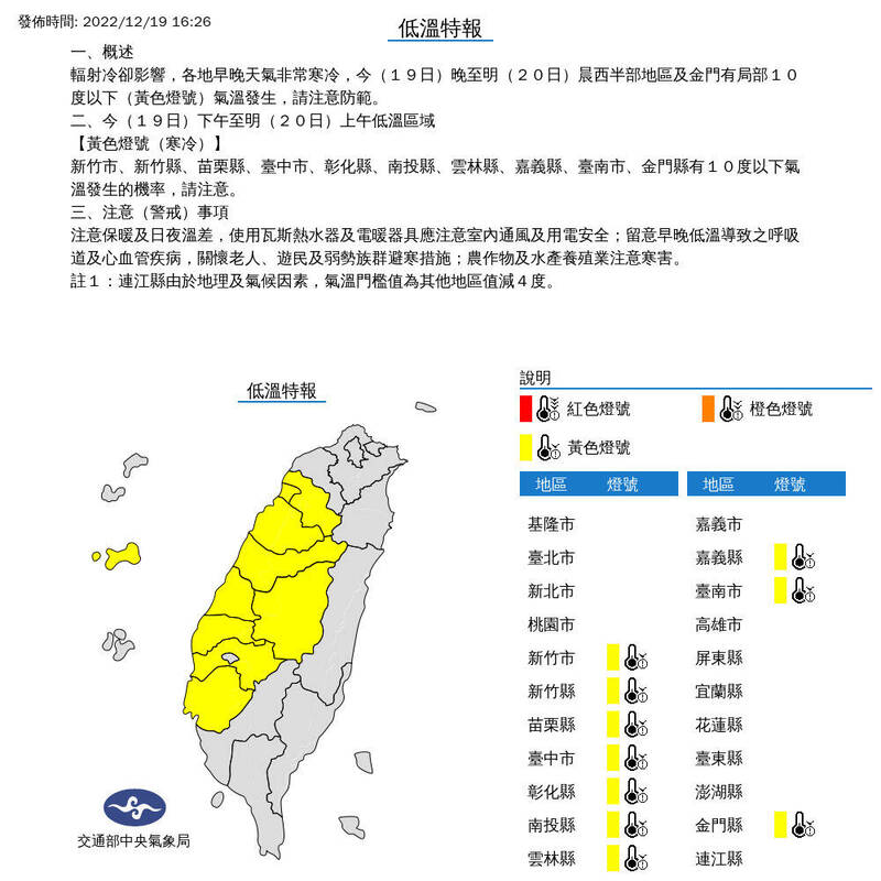 氣象局提醒，受輻射冷卻影響，各地早晚天氣非常寒冷，今（19日）晚至明（20日）晨西半部地區及金門有局部10度以下（黃色燈號）氣溫發生。（圖擷取自中央氣象局）