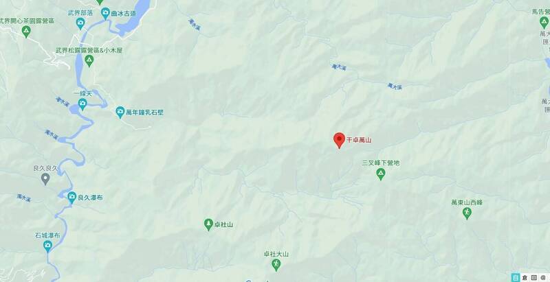 南投縣仁愛鄉干卓萬山與卓社大山之間今傳山友墜崖失聯意外，警消展開搜救。（擷自Google地圖）