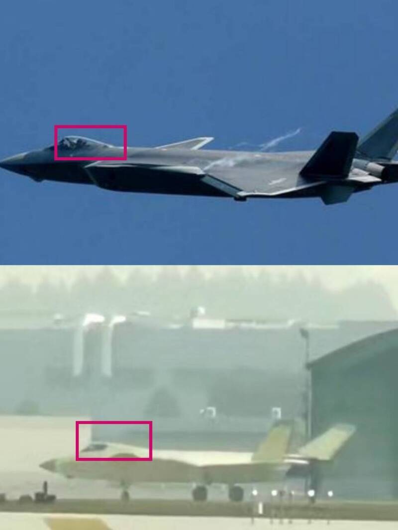 本次曝光的原型机（下）与解放军空军现役的歼-20（上）座舱处对比。（图撷取自Rupprecht_A推特）(photo:LTN)